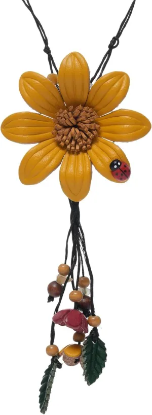Women's Handmade Leather Flower Long Necklace with Tassels
