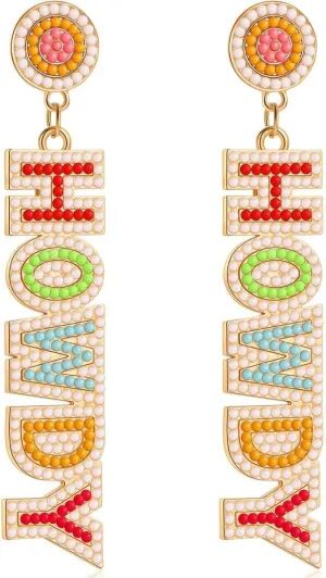 XAM Western Cowgirl Earrings Rhinestone Glitter Disco Handmade Crystal Beaded Howdy Dangle Drop Earrings Nashville Rodeo Party Outfits Jewelry for Women Girls-Colourful 2