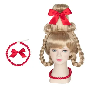 Yan Dream Christmas Girls Wig Long Blonde Braided Wig with Red Bow and Necklace Cosplay Party Wig