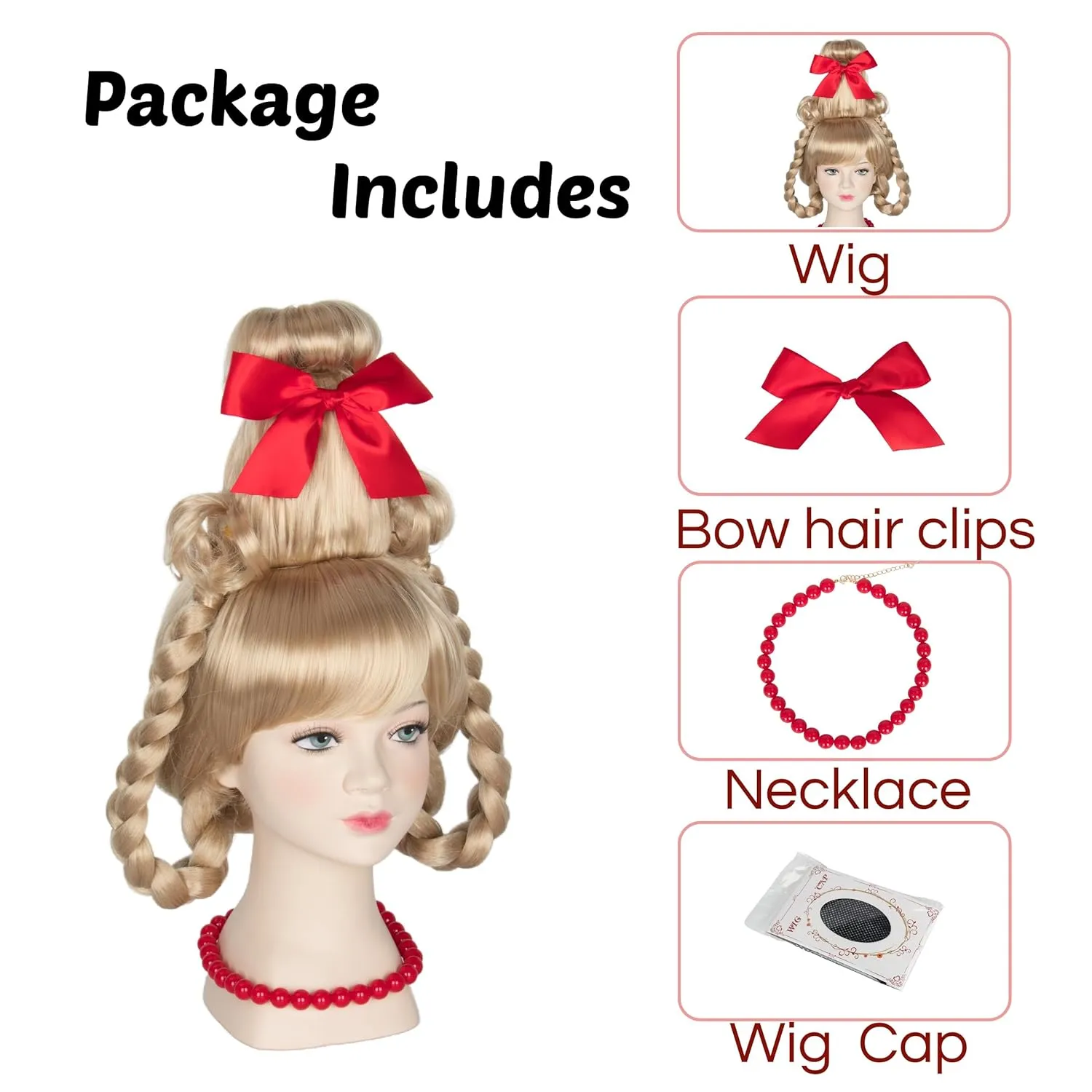 Yan Dream Christmas Girls Wig Long Blonde Braided Wig with Red Bow and Necklace Cosplay Party Wig