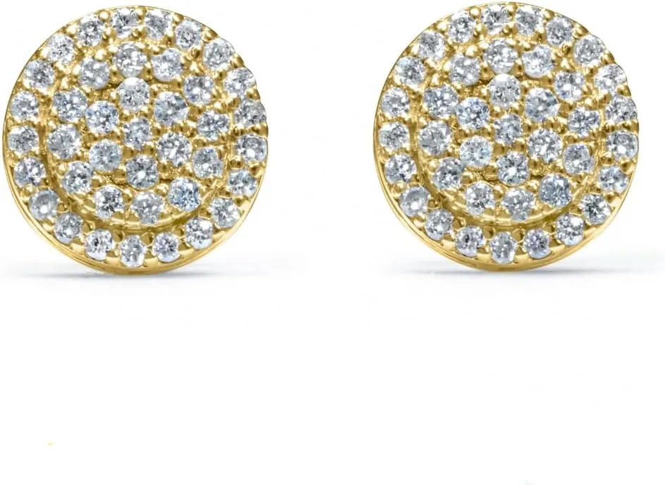 Yellow Gold Plated 925 Sterling Silver Flower Cluster Honey Comb Set Hip Hop Iced 5A Cz Hypoallergenic Trendy Round Stud Screw Back Circle Earrings.
