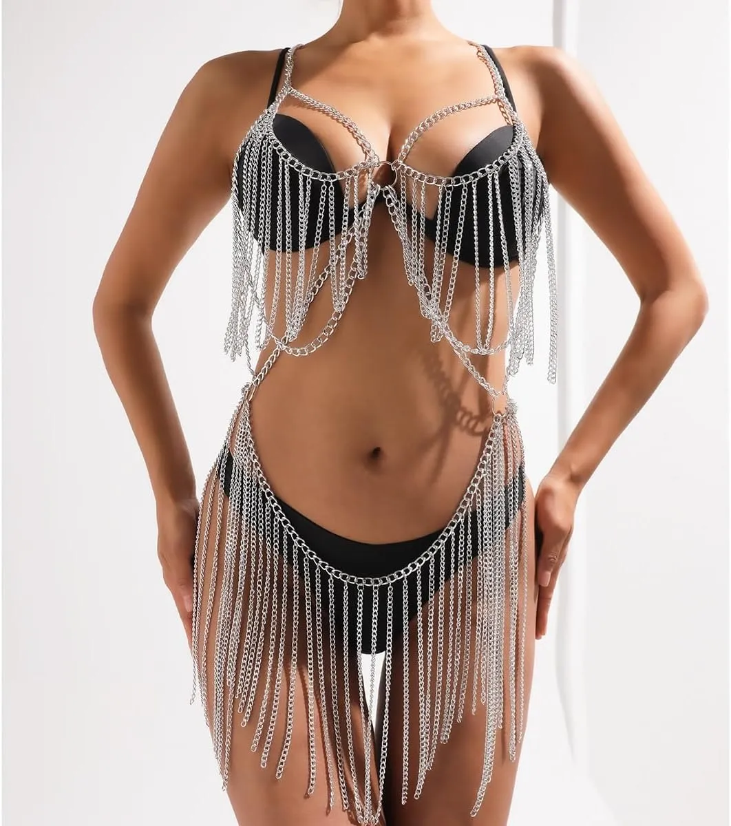 Yixin Women's metal body chain set Indian belly chain Bohemian jewelry bikini Halloween Costume Party (gold)