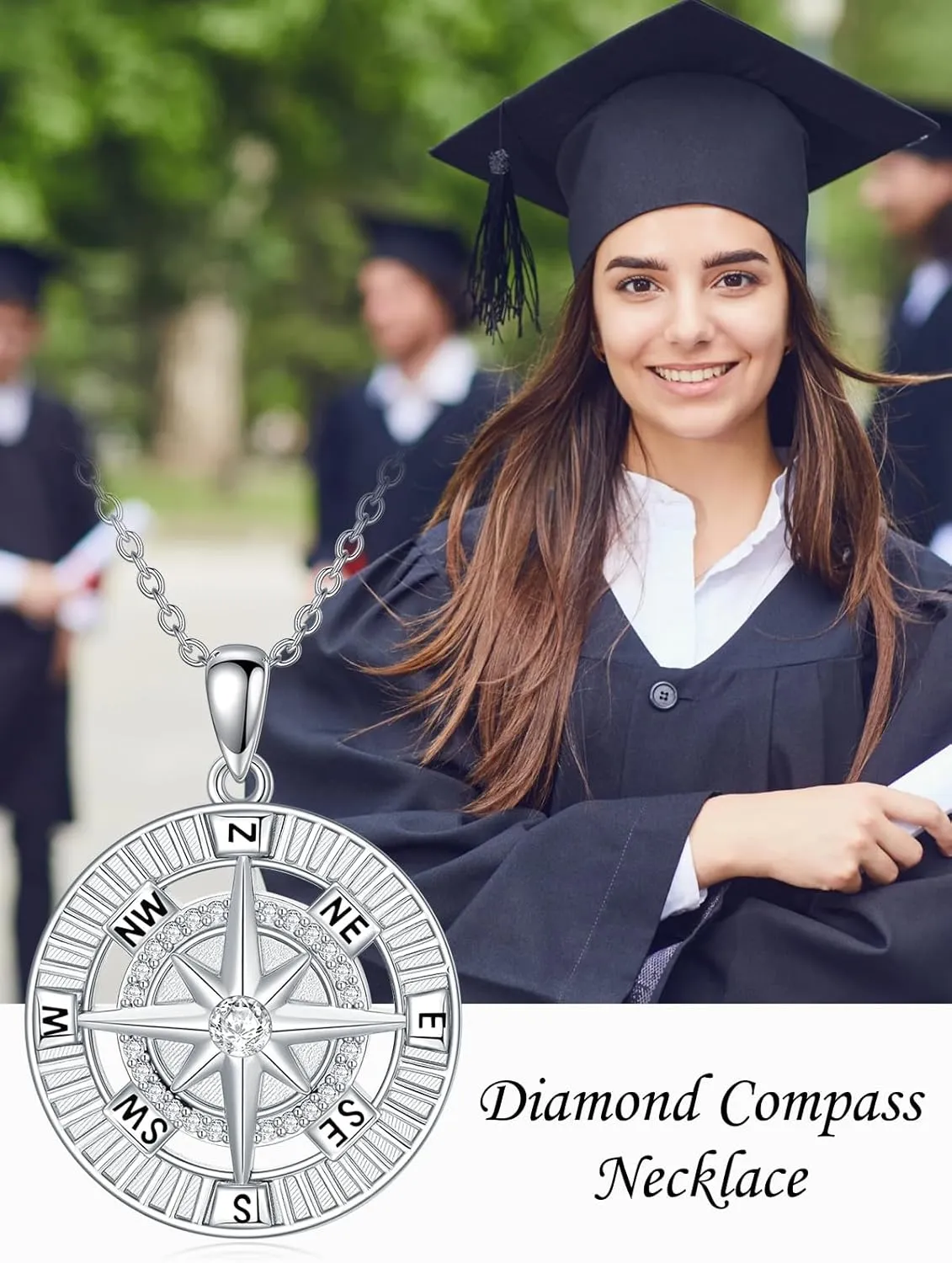 ZBA Natural Diamond Graduation Gifts for Women, 925 Sterling Silver Graduation Cap/Compass Necklace for Her Girlfriend, 18 Inches (Color F-G/Clarity I1-I2)