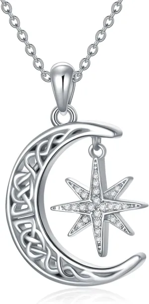ZBA Natural Diamond Moon and Star Necklace for Men Father's Day Gifts for Dad, 925 Sterling Silver Celtic Crescent Moon Pendant Jewelry Birthday Gifts for Men Him Boyfriend Husband (F-G, SI1-SI2)