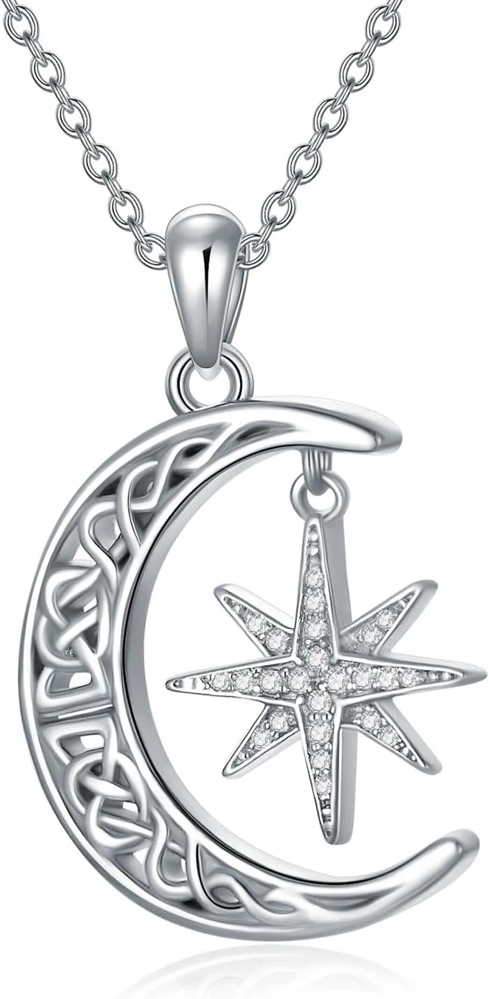 ZBA Natural Diamond Moon and Star Necklace for Men Father's Day Gifts for Dad, 925 Sterling Silver Celtic Crescent Moon Pendant Jewelry Birthday Gifts for Men Him Boyfriend Husband (F-G, SI1-SI2)