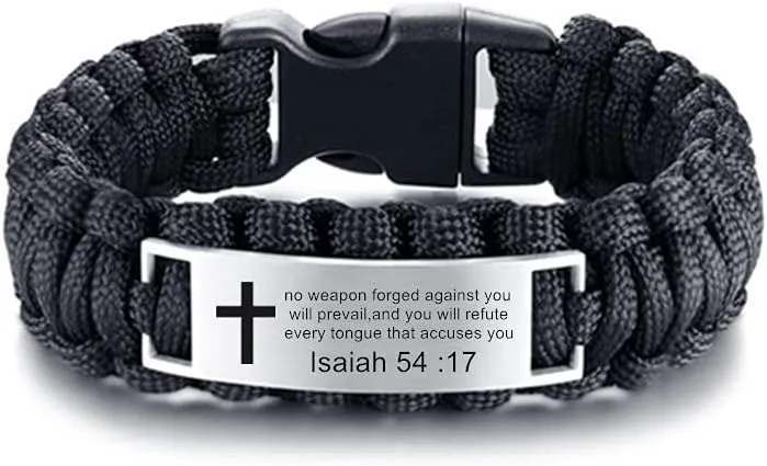 ZKXXJ Personalized Isaiah Bracelet for Men,Stainless Steel Paracord Survival Engraved Cross Bible Quote Bracelets Scripture Christian Baptism Religious Jewelry for Husband,Dad,Boyfriend,Son
