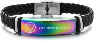 ZKXXJ Personalized Sobriety Gift for Men,Stainless Steel Handmade Leather Customized Addiction Recovery Cuff Bracelet Serenity Prayer AA Alcoholics Anonymous Cuff Bracelets,Free Engraving