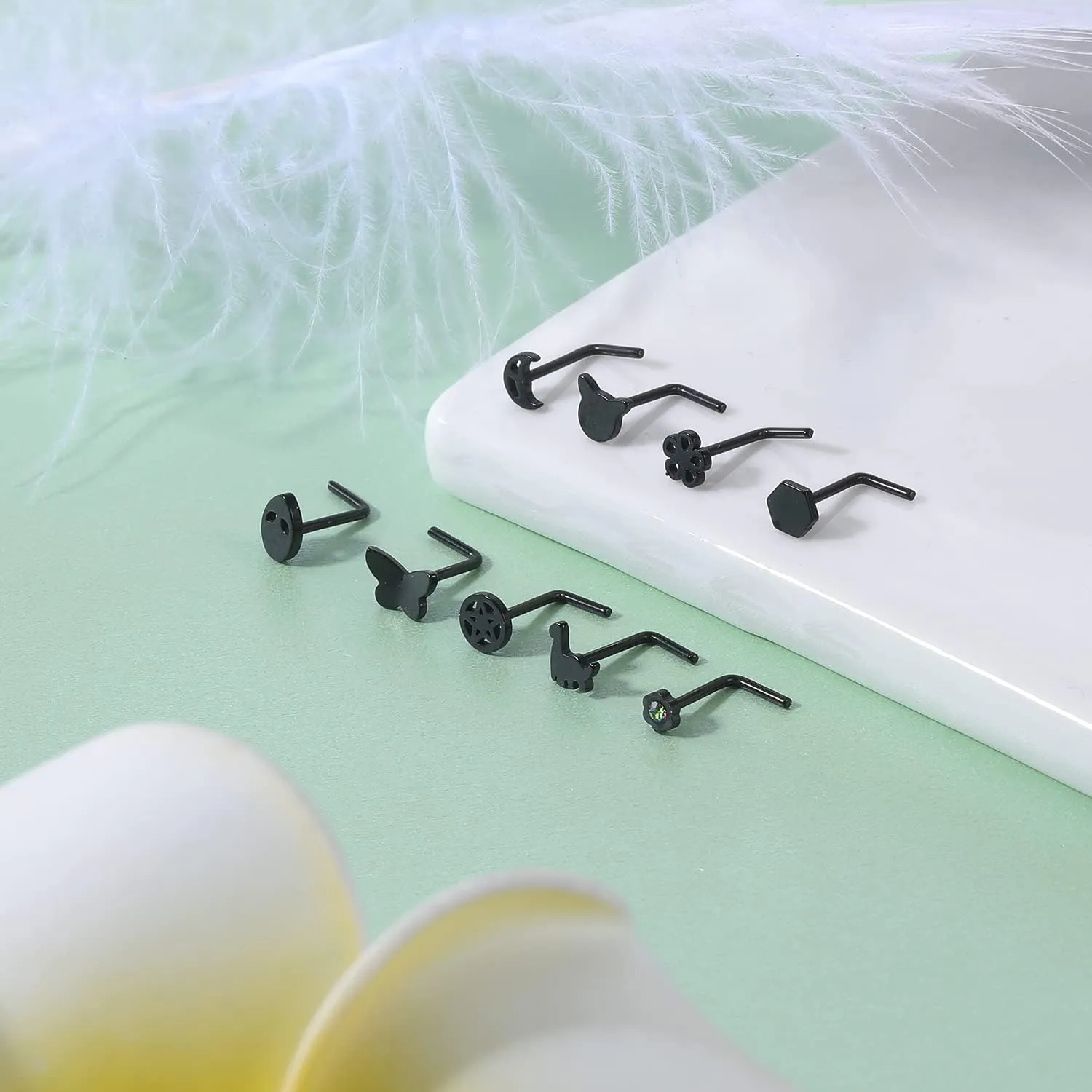 ZS 20G Black Nose Rings Nostril Studs for Women, 20Pcs Surgical Steel Nose Studs Ring L-Shaped, Halloween Bat Skull Corkscrew Nose Piercing Jewelry