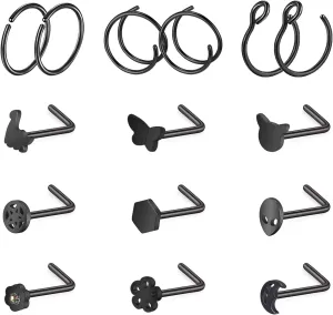 ZS 20G Black Nose Rings Nostril Studs for Women, 20Pcs Surgical Steel Nose Studs Ring L-Shaped, Halloween Bat Skull Corkscrew Nose Piercing Jewelry