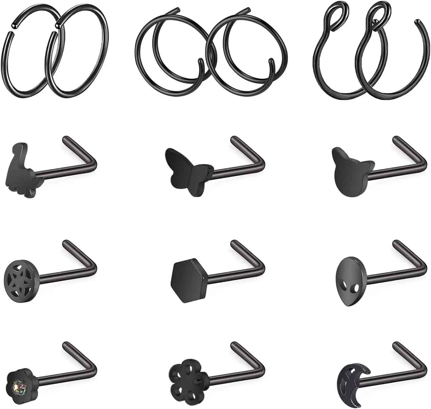 ZS 20G Black Nose Rings Nostril Studs for Women, 20Pcs Surgical Steel Nose Studs Ring L-Shaped, Halloween Bat Skull Corkscrew Nose Piercing Jewelry