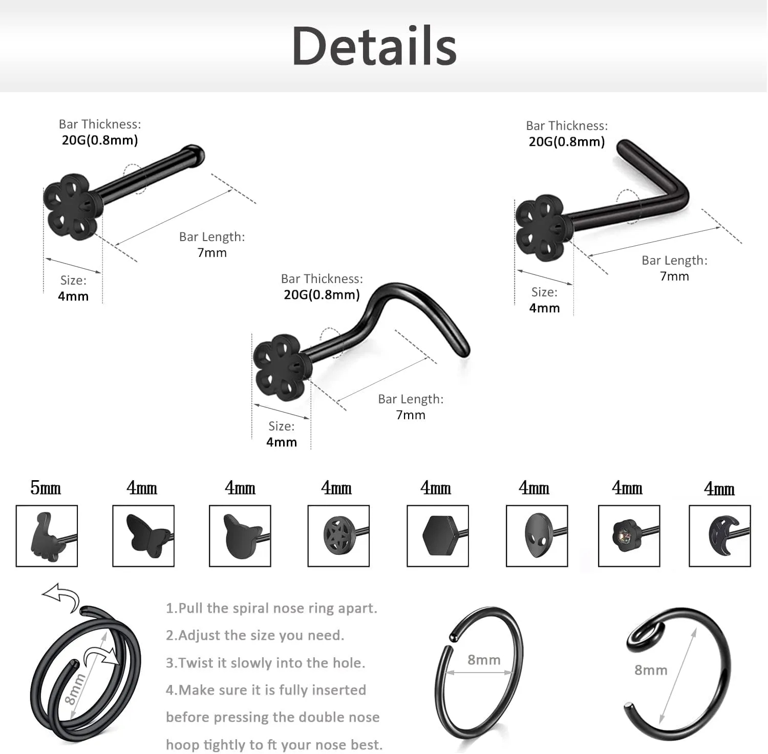 ZS 20G Black Nose Rings Nostril Studs for Women, 20Pcs Surgical Steel Nose Studs Ring L-Shaped, Halloween Bat Skull Corkscrew Nose Piercing Jewelry