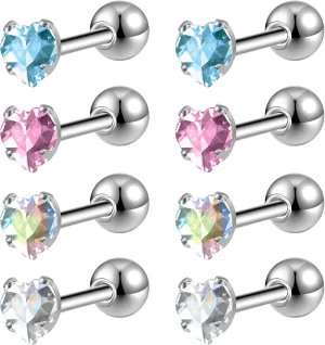 ZS 4 Pairs Shiny Cubic Zirconia Cartilage Earrings 16G Surgical Steel Stud Earrings Tragus Helix Conch Ear Piercing Sets