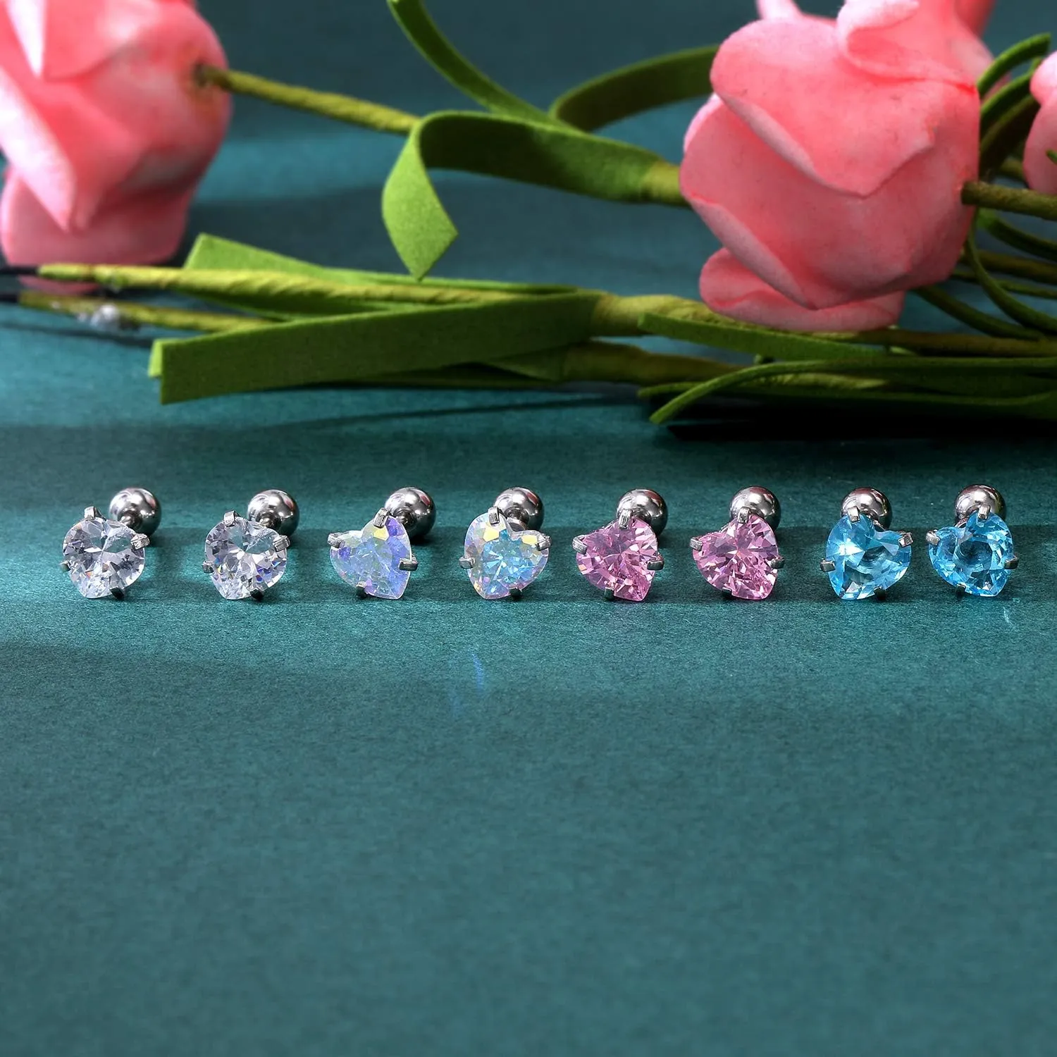 ZS 4 Pairs Shiny Cubic Zirconia Cartilage Earrings 16G Surgical Steel Stud Earrings Tragus Helix Conch Ear Piercing Sets